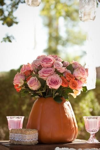 pumpkin and pink floral arrangments